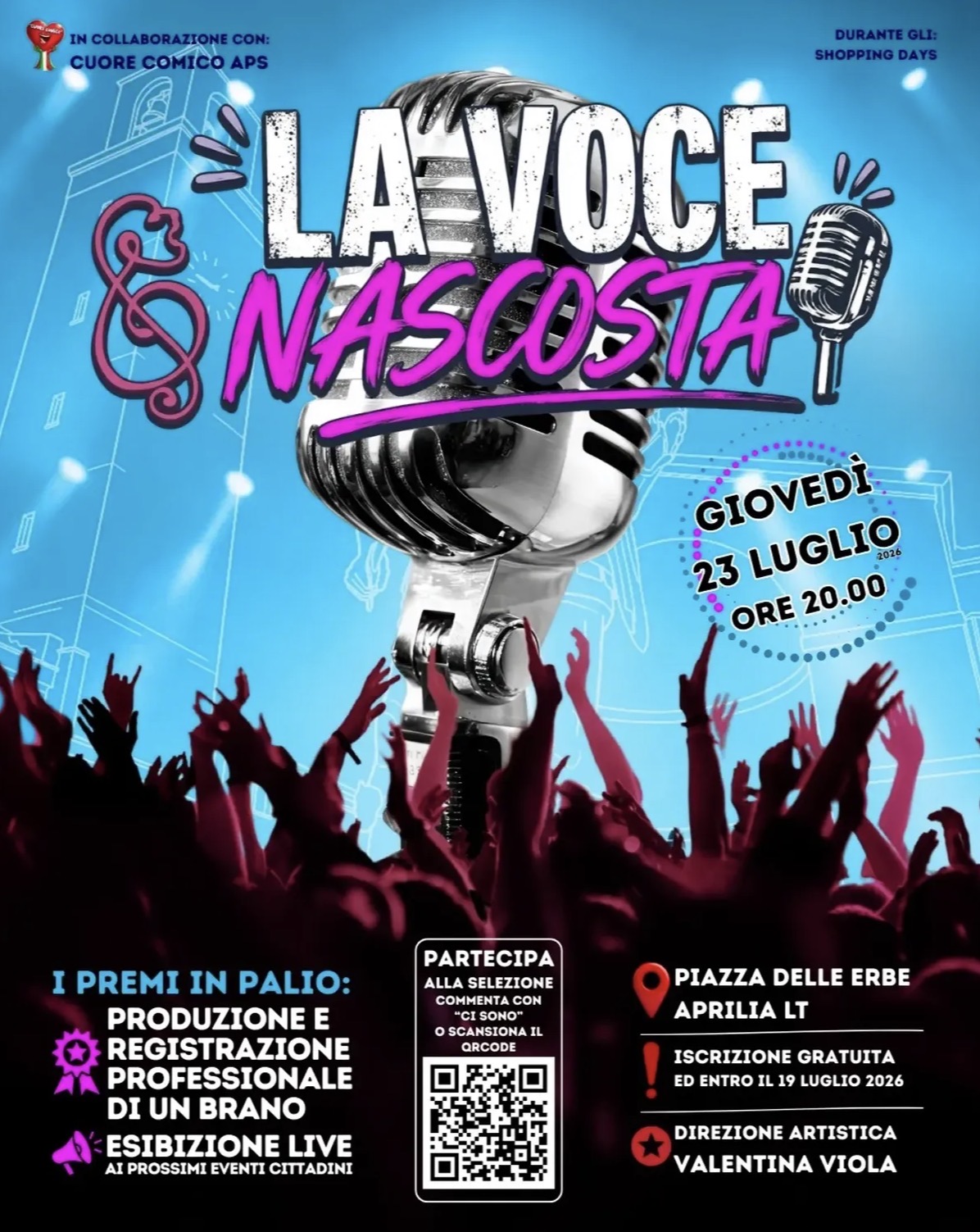 Locandina de La Voce Nascosta, contest musicale del 23 luglio in Piazza delle Erbe