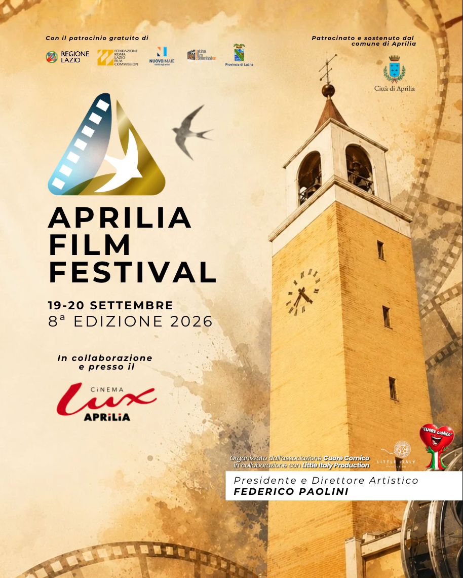 Locandina dell'Aprilia Film Festival, 8ª edizione, 19-20 settembre 2026 presso il Cinema Lux di Aprilia